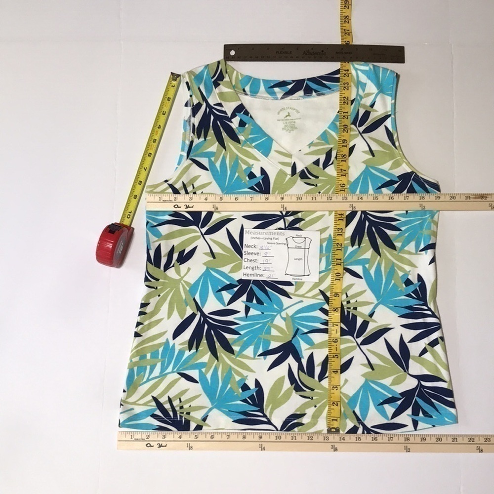 WHITE STAG Navy Blue/Turquoise/Green Leafy Print/White Sleeveless V-Neck—L 12/14 - Picture 7 of 8